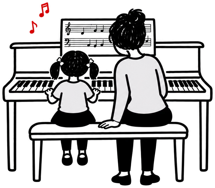 A girl and her parent sitting side by side on a piano bench
